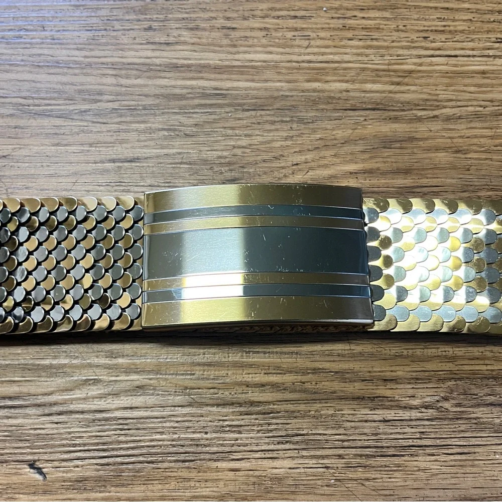 Vintage 70s Gold Silver Mixed Metal Mermaid Retro Rare Stretch Belt Chrome L/XL